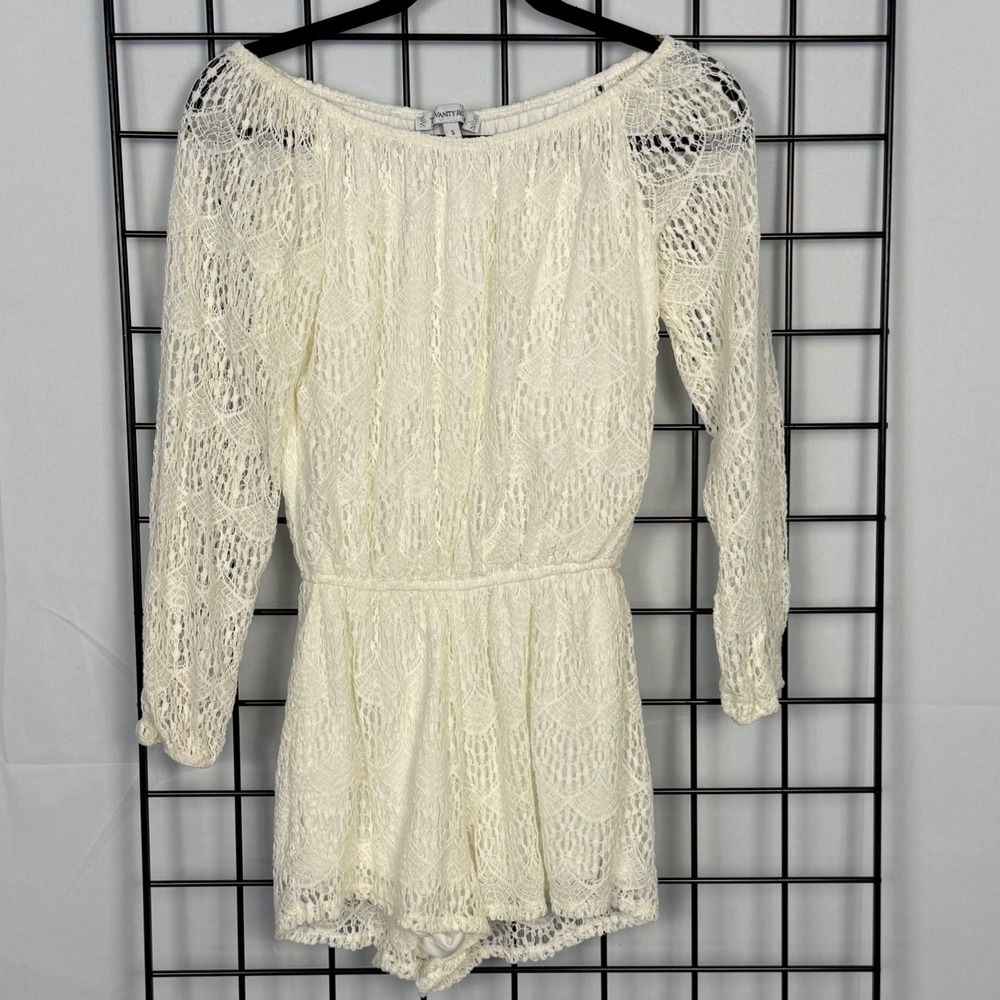 The Vanity Room Romper Women S Ivory Lace Off Shoulder Long Sleeve Scalloped